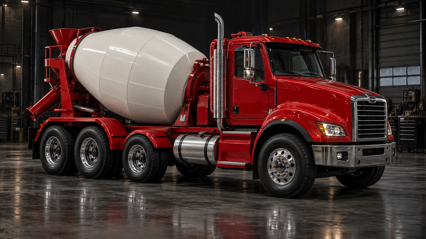 Concept illustration of a red and white concrete mixer truck in an industrial setting